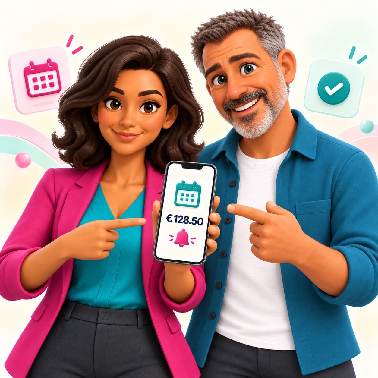 Mara and Ray looking at a reminder together on a phone.